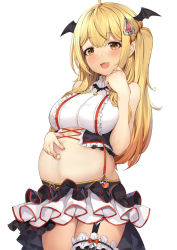 Rule 34 | 1girl, :d, ahoge, bare arms, bare shoulders, black skirt, blonde hair, breasts, bridal garter, cowboy shot, crop top, fang, frilled shirt, frills, hair ornament, hand on own stomach, hand up, head wings, highres, hololive, large breasts, long hair, looking at viewer, midriff, miniskirt, navel, open mouth, orange eyes, pak ce, pointy ears, pregnant, shirt, sidelocks, simple background, skirt, sleeveless, sleeveless shirt, smile, solo, stomach, two-tone skirt, virtual youtuber, white background, white shirt, wings, yozora mel