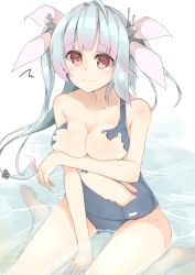 Rule 34 | 10s, 1girl, blue hair, breasts, cole (coleltu), covering privates, covering breasts, gradient background, hair ribbon, i-19 (kancolle), kantai collection, large breasts, long hair, ocean, one-piece swimsuit, red eyes, ribbon, school swimsuit, sitting, solo, star-shaped pupils, star (symbol), swimsuit, symbol-shaped pupils, tears, torn clothes, twintails, wariza, water