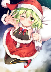 Rule 34 | 1girl, bag, black pantyhose, blush, christmas, commentary, dress, east01 06, floral print, green eyes, green hair, hat, highres, holding, holding bag, komeiji koishi, looking at viewer, mary janes, medium hair, one eye closed, pantyhose, red dress, red footwear, red hat, rose print, santa costume, santa hat, shoes, smile, solo, touhou, wavy hair