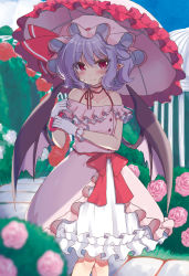 Rule 34 | 1girl, absurdres, adapted costume, bare shoulders, bat wings, beni kurage, blue hair, blue sky, blush, bush, choker, cloud, collarbone, commentary request, day, dress, feet out of frame, flower, frills, gloves, hair between eyes, hat, hat ribbon, highres, holding, holding umbrella, looking at viewer, mob cap, off-shoulder dress, off shoulder, outdoors, pink flower, pink hat, pink rose, pink umbrella, pointy ears, red choker, red eyes, red ribbon, red sash, remilia scarlet, ribbon, ribbon choker, rose, sash, short hair, sky, smile, solo, standing, touhou, umbrella, white flower, white gloves, wings
