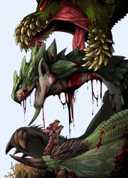 Rule 34 | absurdres, baby, blood, blue eyes, claws, deviljho, dragon, highres, horns, looking at viewer, monster, monster hunter (series), mother and son, nest, no humans, open mouth, pekoson, rathalos, rathian, red eyes, sharp teeth, simple background, spikes, teeth, tongue, yellow eyes