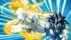 1boy artist_request bare_pectorals blue_fur check_artist clenched_hands dragon dragon_ball dragon_ball_gt dragon_ball_xenoverse dragon_fist_(dragon_ball) eastern_dragon eyeliner fenyon game_cg highres incoming_attack limited_palette loading_screen long_hair looking_ahead makeup male_focus monkey_boy monkey_tail muscular muscular_male no_nipples official_art official_wallpaper open_mouth pectorals red_eyeliner solo son_goku spiked_hair super_saiyan super_saiyan_4 tail teeth third-party_source tongue v-shaped_eyebrows wristband yellow_eyes