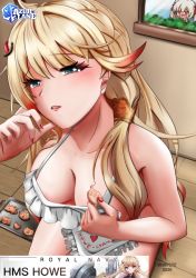 Rule 34 | 2020, 2girls, absurdres, apron, azur lane, blonde hair, blush, braid, breasts, character name, character request, chibi, chibi inset, cleavage, commentary, cookie, copyright name, english commentary, food, green eyes, grey hair, highres, howe (azur lane), multiple girls, naked apron, open mouth, red eyes, twintails, vhayste, window