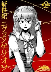 Rule 34 | 1girl, artist request, blue skirt, breasts, greyscale with colored background, hand in own hair, interface headset, long hair, looking at viewer, monochrome, neon genesis evangelion, open mouth, red background, school uniform, shirt, simple background, skirt, solo, souryuu asuka langley, suspender skirt, suspenders, tokyo-3 middle school uniform, translation request, watch