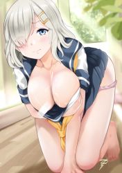 Rule 34 | 1girl, all fours, arm under breasts, barefoot, blue eyes, blue sailor collar, blue skirt, blush, breasts, cleavage, closed mouth, collarbone, cum, cum on body, cum on breasts, cum on upper body, eyes visible through hair, hair ornament, hairclip, hamakaze (kancolle), kantai collection, large breasts, light censor, looking at viewer, neckerchief, open clothes, open shirt, panties, panty pull, sailor collar, school uniform, serafuku, shirt, short hair, signature, silver hair, skirt, solo, sweat, toes, underwear, white panties, white shirt, yamasaki wataru, yellow neckerchief