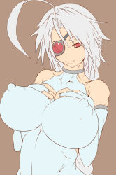 Rule 34 | 1girl, ahoge, alternate breast size, blazblue, bodysuit, breast suppress, breasts, bridal gauntlets, brown background, covered erect nipples, eyepatch, flat color, hands on own chest, highres, huge ahoge, huge breasts, impossible clothes, nontan (nontanexx), nu-13, red eyes, silver hair, simple background, solo, unfinished
