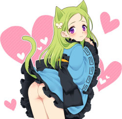 Rule 34 | 1girl, 5pb., animal ears, ass, blush, butterfly hair ornament, chinese clothes, clothes lift, dress, dress lift, eiyuu senki, embarrassed, from behind, green hair, hair ornament, heart, heart background, long hair, looking at viewer, looking back, mochiya marosuke, multicolored eyes, no panties, solo, sonshi (eiyuu senki), sun tzu (eiyuu senki), tail