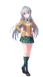 Rule 34 | 1girl, artist request, highres, idoly pride, long hair, official art, red eyes, school uniform, solo, tendou rui, transparent background, white hair