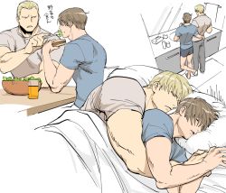 Rule 34 | 2boys, bara, bed, bed sheet, blonde hair, brown hair, couple, eating, feeding, food, fork, holding, holding fork, hug, hug from behind, incoming food, jack krauser, leon s. kennedy, looking at another, lying, male focus, multiple boys, multiple views, muscular, muscular male, on bed, on side, pants, pillow, resident evil, resident evil: the darkside chronicles, resident evil 4, shirt, short hair, shorts, sleeping, tatsumi (psmhbpiuczn), translation request, under covers, white background, yaoi