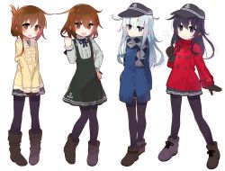 Rule 34 | 4girls, akatsuki (kancolle), alternate costume, anchor symbol, argyle, argyle clothes, argyle scarf, arm at side, arms behind back, bad id, bad nicoseiga id, black gloves, black hat, black legwear, black skirt, blue coat, blue eyes, blue hair, blush, boots, brown eyes, brown footwear, brown gloves, brown hair, clenched hand, closed mouth, coat, commentary request, dress, fingernails, flat cap, flying sweatdrops, folded ponytail, gloves, green dress, grey scarf, hair between eyes, hair ornament, hairclip, hand on own hip, hand up, hat, hibiki (kancolle), ikazuchi (kancolle), inazuma (kancolle), kantai collection, long hair, long sleeves, looking at viewer, multiple girls, own hands together, pantyhose, pleated skirt, purple eyes, purple hair, red coat, scarf, shirt, simple background, skirt, smile, standing, v arms, white background, white shirt, yellow coat, yoru nai