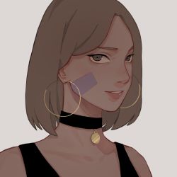 Rule 34 | 1girl, bare shoulders, black choker, brown hair, choker, collarbone, datomato, earrings, facial mark, highres, hoop earrings, jewelry, lips, looking at viewer, naruto (series), naruto shippuuden, nohara rin, parted lips, pink lips, portrait, short hair, sleeveless, smile, solo
