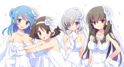 Rule 34 | 10s, 4girls, :o, alternate costume, bare shoulders, black hair, blue eyes, blue hair, blush, bow, breasts, bridal veil, bride, brown hair, double bun, dress, elbow gloves, flower, gloves, hair bow, hair ornament, hair over one eye, hair ribbon, hairband, hamakaze (kancolle), isokaze (kancolle), jewelry, kantai collection, large breasts, long hair, looking at viewer, multiple girls, odawara hakone, one eye covered, open mouth, ornament, petals, red eyes, ribbon, short hair, silver hair, simple background, smile, tanikaze (kancolle), tress ribbon, urakaze (kancolle), veil, wedding dress, white dress, white gloves