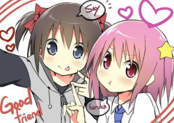 Rule 34 | 2girls, :p, ^^^, black hair, blue eyes, blush, bow, english text, hair between eyes, hair bow, hair ornament, haruka (liong), heart, jacket, long sleeves, looking at viewer, multiple girls, necktie, original, pink eyes, pink hair, pointing, pout, reaching, reaching towards viewer, school uniform, selfie, short hair, sidelocks, simple background, sky-freedom, sky (sky-freedom), smile, star (symbol), star hair ornament, tareme, tongue, tongue out, twintails, upper body, w, white background, zipper