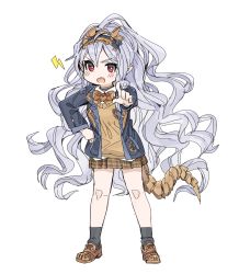 Rule 34 | 1girl, blazer, blush, bow, bowtie, hand on own hip, headband, headpiece, highres, jacket, light purple hair, lightning bolt symbol, long hair, long sleeves, looking at viewer, medusa (shingeki no bahamut), miniskirt, open mouth, plaid, plaid skirt, pleated skirt, pointing, pointy ears, red eyes, school uniform, shingeki no bahamut, simple background, sketch, skirt, solo, spawnfoxy, sweater vest, tail, v-shaped eyebrows, very long hair, wavy hair, white background