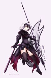 Rule 34 | 1girl, ahoge, armor, armored boots, armored dress, black dress, black footwear, black thighhighs, boots, breasts, brown eyes, chain, commentary request, dress, fate/grand order, fate (series), flag, gauntlets, grey background, headpiece, holding, holding flag, holding sword, holding weapon, jeanne d&#039;arc (fate), jeanne d&#039;arc alter (avenger) (fate), jeanne d&#039;arc alter (fate), medium breasts, panikuru yuuto, parted lips, silver hair, simple background, solo, sword, thighhighs, v-shaped eyebrows, weapon