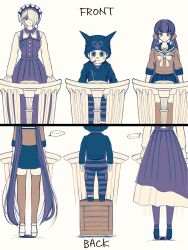 ... 1boy 2girls beanie black_hat black_jacket blonde_hair blunt_bangs blush_stickers box brown_hair danganronpa_(series) danganronpa_v3:_killing_harmony dress gloves hair_ornament hair_over_one_eye hair_scrunchie harukawa_maki hat height_difference highres hoshi_ryoma jacket leather leather_jacket long_hair long_sleeves looking_at_viewer low_twintails mole mole_under_eye multiple_girls pants pleated_skirt red_eyes red_scrunchie red_shirt red_thighhighs sailor_collar satori_(aosky9077) school_uniform scrunchie shirt short_hair simple_background skirt striped_clothes thighhighs tojo_kirumi twintails