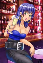 Rule 34 | 1girl, akogi, alcohol, arc the lad, arc the lad ii, bare shoulders, belt, breasts, cleavage, cup, dress, drinking glass, earrings, jewelry, long hair, looking at viewer, medium breasts, mole, mole under mouth, nail polish, open mouth, shante (arc the lad), sitting, smile, solo, stool, wine, wine glass