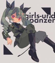 Rule 34 | 10s, 1girl, anchovy (girls und panzer), anzio military uniform, bad id, bad pixiv id, belt, black belt, black footwear, black ribbon, black shirt, blouse, boots, closed mouth, copyright name, daizu (melon-lemon), dress shirt, drill hair, girls und panzer, green hair, grey background, grey jacket, grey pants, hair ribbon, holding, holding riding crop, invisible chair, jacket, knee boots, long hair, long sleeves, looking at viewer, military, military uniform, pants, pants tucked in, red eyes, ribbon, riding crop, sam browne belt, shirt, sitting, smile, solo, twin drills, twintails, uniform, v-shaped eyebrows, wing collar