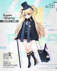 Rule 34 | 1girl, blonde hair, blue eyes, blue skirt, boots, cane, full body, girls&#039; frontline, gun, high collar, high heel boots, high heels, long hair, looking at viewer, official alternate costume, open clothes, rolling suitcase, shotgun, skirt, solo, suitcase, super-shorty (crossing in labyrinth) (girls&#039; frontline), super-shorty (girls&#039; frontline), two side up, weapon