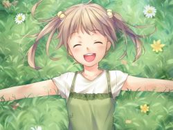 Rule 34 | 10s, 1girl, blonde hair, closed eyes, flower, from above, game cg, grass, hair bobbles, hair ornament, happy, ibarazaki emi, katawa shoujo, lying, nature, open mouth, smile, solo, twintails