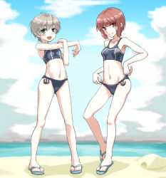 Rule 34 | 10s, 2girls, bad id, bad pixiv id, battasarada, bikini, blue eyes, blush, breasts, brown eyes, brown hair, kantai collection, looking at viewer, multiple girls, navel, open mouth, sandals, short hair, silver hair, small breasts, smile, standing, swimsuit, z1 leberecht maass (kancolle), z3 max schultz (kancolle)