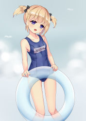Rule 34 | 1girl, absurdres, azur lane, bare arms, bare legs, bare shoulders, bow, breasts, character name, collarbone, female focus, hair bow, head tilt, highres, holding, looking at viewer, nipples, norfolk (azur lane), one-piece swimsuit, open mouth, small breasts, solo, swimsuit, the hermit, twintails
