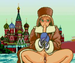 Rule 34 | 1girl, blue gloves, brown coat, brown hair, brown headwear, building, bush, coat, dildo, fellatio, freckles, fur-trimmed coat, fur trim, glasses, gloves, green hair, hat, holding, long hair, long sleeves, looking at viewer, mittens, naked coat, navel, oral, pixel art, pubic hair, pussy, pussy juice, quiz marugoto the world, saiwai hiroshi, sex toy, squatting, st. basil&#039;s cathedral, water
