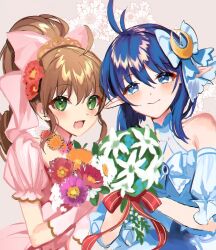 Rule 34 | 2girls, blue eyes, blue hair, blush, bouquet, closed mouth, crescent, crescent hair ornament, dress, flower, gloves, hair flower, hair ornament, highres, long hair, looking at viewer, multiple girls, open mouth, pointy ears, precis neumann, protected link, rena lanford, short hair, smile, star ocean, star ocean anamnesis, star ocean the second story, ycco (estrella)