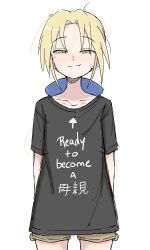 Rule 34 | 1girl, absurdres, black skirt, blonde hair, blush, collarbone, green eyes, highres, kuroi nanako, long hair, looking at viewer, lucky star, shirt, shorts, simple background, skirt, smile, solo, t-shirt, translation request, white background, zlix0n