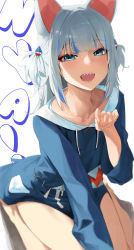 Rule 34 | 1girl, :d, absurdres, animal ears, bare legs, blue eyes, blue hair, blue hoodie, blunt bangs, cat ears, doroti., gawr gura, gawr gura (1st costume), grey hair, hair ornament, hand up, highres, hololive, hololive english, hood, hoodie, long sleeves, looking at viewer, multicolored hair, nyan, open mouth, shark hair ornament, sharp teeth, simple background, sitting, smile, solo, streaked hair, teeth, two side up, virtual youtuber, wariza, white background
