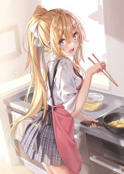 Rule 34 | 1girl, apron, blonde hair, blue eyes, blush, chopsticks, commentary request, cooking, frying pan, grey skirt, hair ornament, hair ribbon, highres, holding, holding chopsticks, indoors, kitchen, long hair, long sleeves, looking at viewer, looking back, morigami (morigami no yashiro), open mouth, original, pink apron, pleated skirt, ponytail, ribbon, shirt, skirt, smile, solo, standing, stove, textless version, white ribbon, white shirt, x hair ornament