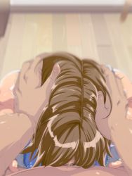 Rule 34 | 1boy, 1girl, bare shoulders, blue sports bra, blush, breasts, brown hair, covered erect nipples, deepthroat, fellatio, floor, from above, hands on another&#039;s head, highres, jacket, jumpsuit, kazama asuka, large breasts, male pubic hair, open clothes, open jacket, oral, penis, pov, pubic hair, raburebo, shiny clothes, short hair, solo focus, sports bra, standing, tekken, waguchi shouka