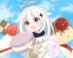Rule 34 | 1girl, black eyes, blush, cake, cake slice, candy, candy apple, checkerboard cookie, cherry, cookie, cotton candy, day, dress, drooling, food, fruit, genshin impact, hair ornament, halo, highres, holding, holding food, konpeitou, long hair, long sleeves, looking down, macaron, mechanical halo, open mouth, oversized food, oversized object, paimon (genshin impact), pudding, sky, smile, solo, suiren nei, upper body, white hair