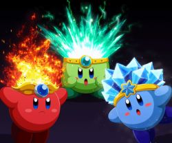 Rule 34 | 3others, :o, angry, animated, animated gif, arms up, black background, blue eyes, blue skin, blush stickers, cold, colored skin, copy ability, crown, electricity, feet together, fire, frown, gem, gold headwear, green skin, headband, herudoron, ice, kirby, kirby (series), multiple others, multiple persona, nintendo, no humans, open mouth, outstretched arms, red skin, simple background, snowflakes, sparkle, standing, standing on one leg, star (symbol), ugoira