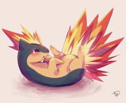 Rule 34 | blush, brown background, commentary request, fire, from side, full body, gen 2 pokemon, looking away, lying, muuran, no humans, on back, parted lips, pokemon, pokemon (creature), profile, quilava, red eyes, signature, solo