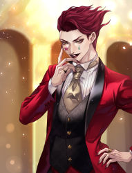 Rule 34 | 1boy, black vest, blurry, blurry background, ear piercing, earrings, facial mark, hand on own hip, highres, hisoka morow, hunter x hunter, jewelry, kitikumeganer, lipstick, makeup, male focus, nail polish, necktie, piercing, red hair, red nails, red suit, ring, smile, solo, standing, star (symbol), star facial mark, stud earrings, suit, teardrop facial mark, vest