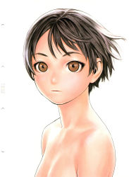 Rule 34 | absurdres, black hair, brown eyes, eyelashes, form code, highres, murata range, nude, scan, short hair, simple background, solo, white background