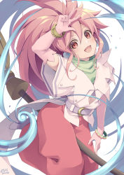 Rule 34 | 1girl, arche klein, blush, bracelet, broom, broom riding, elbow gloves, gloves, hair between eyes, highres, jewelry, long hair, looking at viewer, open mouth, pink eyes, pink gloves, pink hair, ponytail, solo, tales of (series), tales of phantasia, yoshino ryou