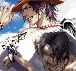 Rule 34 | 1boy, beads, black hair, blood, bound, bound wrists, bracelet, chain, cloud, cuffs, dual persona, freckles, grin, hand on headwear, hat, impel down, injury, jewelry, jolly roger, lily (artist), lowres, male focus, multiple persona, muscular, necklace, one piece, pirate, portgas d. ace, prison, prisoner, shackles, topless male, sky, smile, solo, stampede string, tattoo, tied up