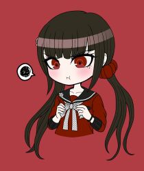 Rule 34 | 1girl, black sailor collar, bow, bowtie, brown hair, collarbone, cropped torso, danganronpa (series), danganronpa v3: killing harmony, grey bow, grey bowtie, hair ornament, hair scrunchie, hairclip, harukawa maki, highres, long hair, looking down, low twintails, mole, mole under eye, polka dot bowtie, pout, red background, red eyes, red scrunchie, red shirt, sailor collar, scrunchie, shirt, simple background, solo, spoken squiggle, squiggle, suiren yurei, twintails