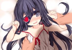 Rule 34 | 1boy, 1girl, bare arms, bare shoulders, bed sheet, black eyes, black hair, blush, camisole, collarbone, eyepatch, fang, flat chest, flat chest grab, grabbing, hair between eyes, hands up, heart, hetero, holding another&#039;s wrist, kurasuke, long hair, looking at viewer, nose blush, original, out of frame, parted lips, sketch, solo focus, sweat, very long hair, white camisole
