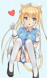 Rule 34 | 1girl, animal ears, black footwear, blend s, blonde hair, blouse, blue background, blue eyes, blue shirt, blush, cat ears, cat tail, clothes between thighs, gloves, hair between eyes, hand up, head scarf, highres, hinata kaho, knees up, looking at viewer, open mouth, racchi., shirt, shoes, sidelocks, simple background, sitting, solo, tail, thighhighs, twintails, white gloves, white thighhighs
