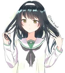 Rule 34 | 10s, 1girl, black hair, black neckerchief, blouse, brown eyes, closed mouth, commentary, girls und panzer, hand in own hair, light frown, long hair, long sleeves, looking at viewer, neckerchief, one-hour drawing challenge, ooarai school uniform, reizei mako, school uniform, serafuku, shirt, simple background, solo, standing, tam a mat, twitter username, upper body, white background, white shirt