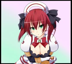 Rule 34 | 10s, 1girl, black border, border, breast hold, breasts, cave (neptunia), choujigen game neptune mk2, cleavage, earrings, female focus, green eyes, hair ornament, hair ribbon, jewelry, large breasts, looking at viewer, neptune (series), red hair, ribbon, short hair, solo, tenpesuto, twintails, upper body