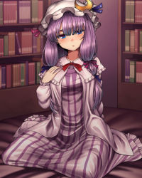 Rule 34 | 1girl, blue bow, blue ribbon, blush, book, bookshelf, bow, capelet, chiaki rakutarou, commentary request, crescent, crescent hat ornament, crescent pin, dress, expressionless, frilled dress, frills, hair bow, hat, hat ornament, hat ribbon, highres, kneeling, long hair, long sleeves, looking at viewer, mob cap, neck ribbon, patchouli knowledge, purple eyes, purple hair, red bow, red ribbon, ribbon, robe, solo, striped clothes, striped dress, touhou