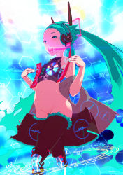 Rule 34 | 1girl, android, aqua eyes, aqua hair, bad id, bad pixiv id, bottomless, hatsune miku, headset, ma70, navel, open mouth, solo, thighhighs, twintails, vocaloid