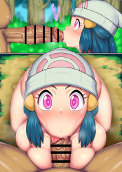 Rule 34 | 1boy, 1girl, :&gt;=, absurdres, blue hair, blush, breasts, bush, censored, creatures (company), dawn (pokemon), ebifurai (ebifurai007), expressionless, fellatio, forest, game freak, glowing, glowing eyes, hair ornament, hairclip, hat, heavy breathing, hetero, highres, hypnosis, kneeling, looking at another, looking at viewer, masturbation, medium breasts, mind control, mosaic censoring, nature, nintendo, nude, oral, outdoors, pendulum, penis, pink eyes, pokemon, pokemon dppt, pov, purple eyes, saliva, saliva trail, shiny skin, steam, sweat, tongue, tongue out, wide hips