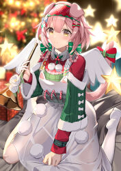 Rule 34 | 1girl, absurdres, animal ears, ankle socks, arknights, between legs, blurry, blurry background, blush, bow, box, braided hair rings, candy, candy cane, cat ears, cat tail, christmas tree, closed mouth, floppy ears, food, fur-trimmed sleeves, fur trim, gift, gift box, goldenglow (arknights), goldenglow (maiden for the bright night) (arknights), green sweater vest, hair between eyes, hair bow, hair ornament, hairband, hand between legs, hand up, highres, holding, holding instrument, horn (instrument), infection monitor (arknights), instrument, layered sleeves, long sleeves, looking at viewer, mistletoe, multiple hair bows, official alternate costume, pink hair, pom pom (clothes), pomegranate nana, print hairband, red shirt, see-through, see-through skirt, shirt, sitting, skirt, smile, snowflake print, socks, solo, star (symbol), striped bow, suspenders, sweater vest, tail, tail bow, tail ornament, wariza, white skirt, white socks, x hair ornament, yellow eyes