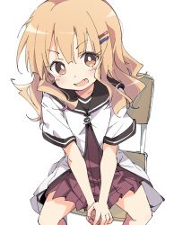 Rule 34 | 1girl, blonde hair, brown eyes, dress, fang, female focus, from above, hair ornament, hairclip, ixy, long hair, looking at viewer, nanamori school uniform, on chair, oomuro sakurako, open mouth, own hands together, pink dress, pleated dress, school uniform, serafuku, short sleeves, simple background, sitting, solo, spread legs, v-shaped eyebrows, v arms, white background, yuru yuri