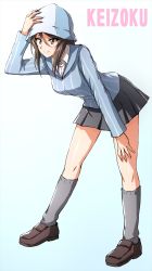 Rule 34 | 1girl, bent over, blue hat, blue shirt, blush, brown eyes, brown footwear, brown hair, closed mouth, collared shirt, commentary request, dress shirt, girls und panzer, gradient background, grey skirt, grey socks, hand on own head, hand on own knee, hat, highres, holding head, keizoku school uniform, kneehighs, loafers, long hair, long sleeves, looking ahead, mika (girls und panzer), omachi (slabco), pleated skirt, school uniform, shirt, shoes, sidelocks, skirt, smile, socks, solo, striped clothes, striped shirt, tulip hat, vertical-striped clothes, vertical-striped shirt, white shirt, wing collar